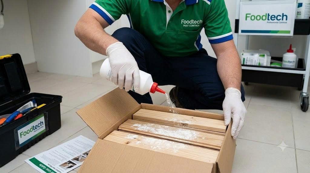 Kỹ thuật viên Foodtech mang găng tay cao su phun rắc bột diệt mối sinh học PMC 90 vào hộp nhử