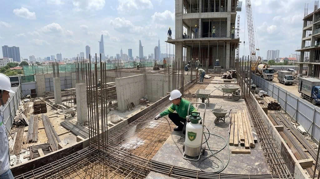 Kỹ thuật viên Foodtech sử dụng máy phun áp lực cao phun dung dịch thuốc phòng chống mối phủ đều bề mặt nền móng công trình xây dựng